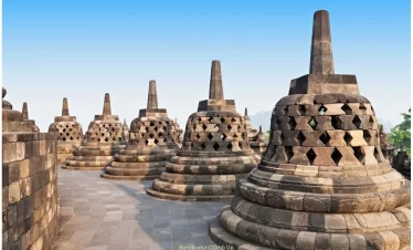Ancient stone stupas at Borobudur Temple in Yogyakarta, Indonesia, showcasing the magnificent Buddhist architecture and cultural heritage of the Borobudur Temple.