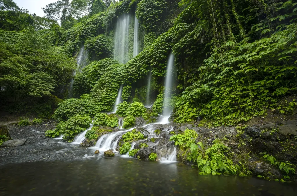 Benang kelambu Multiple streams of water cascading over lush green cliffs into a calm pool, showcasing the serene beauty of hidden waterfalls in Lombok surrounded by dense tropical forest.