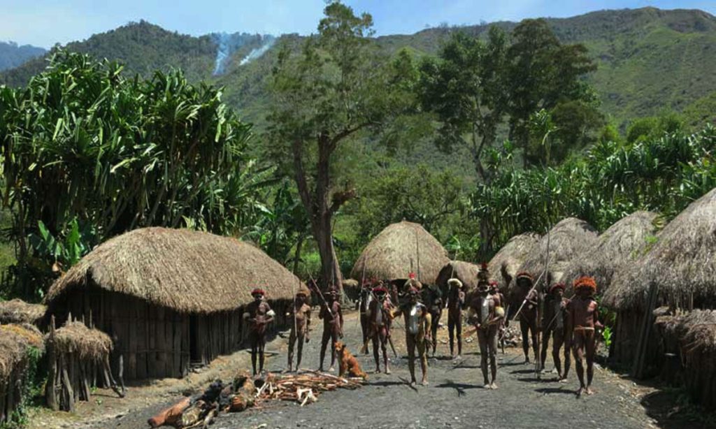 Traditional village scene in a remote highland region with indigenous people and thatched huts, showcasing cultural encounters along one of the best treks in Indonesia surrounded by lush mountain landscapes.